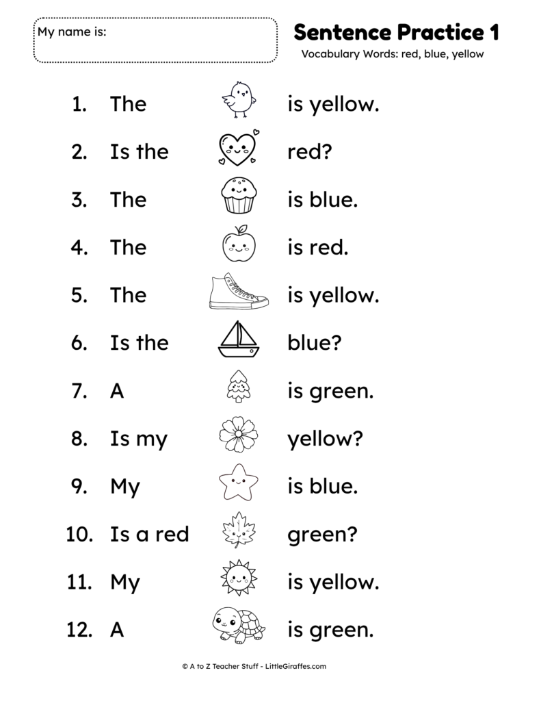 Sentence Practice 1: Kindergarten Reading Worksheet