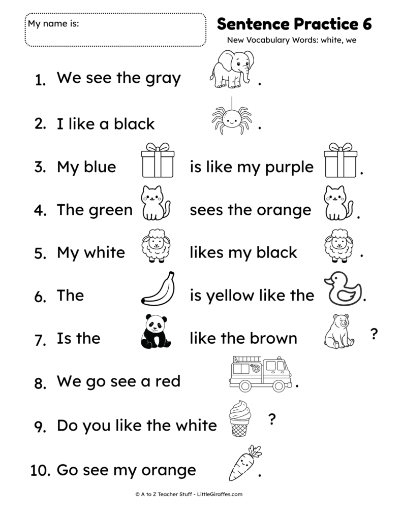 Sentence Practice 6: Kindergarten Reading Worksheet